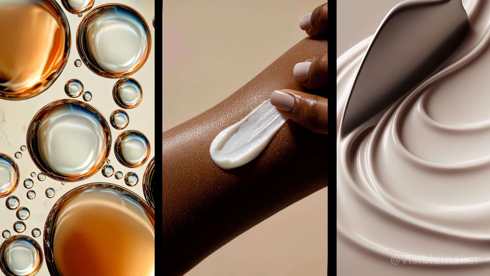 Three panels: oil droplets against a golden background, a hand applying white cream to brown skin, and a close-up of smooth, creamy beige lotion with swirling texture. Kadewe Showcase. AI Image made by Christian Fleischer / The Visiblemaker