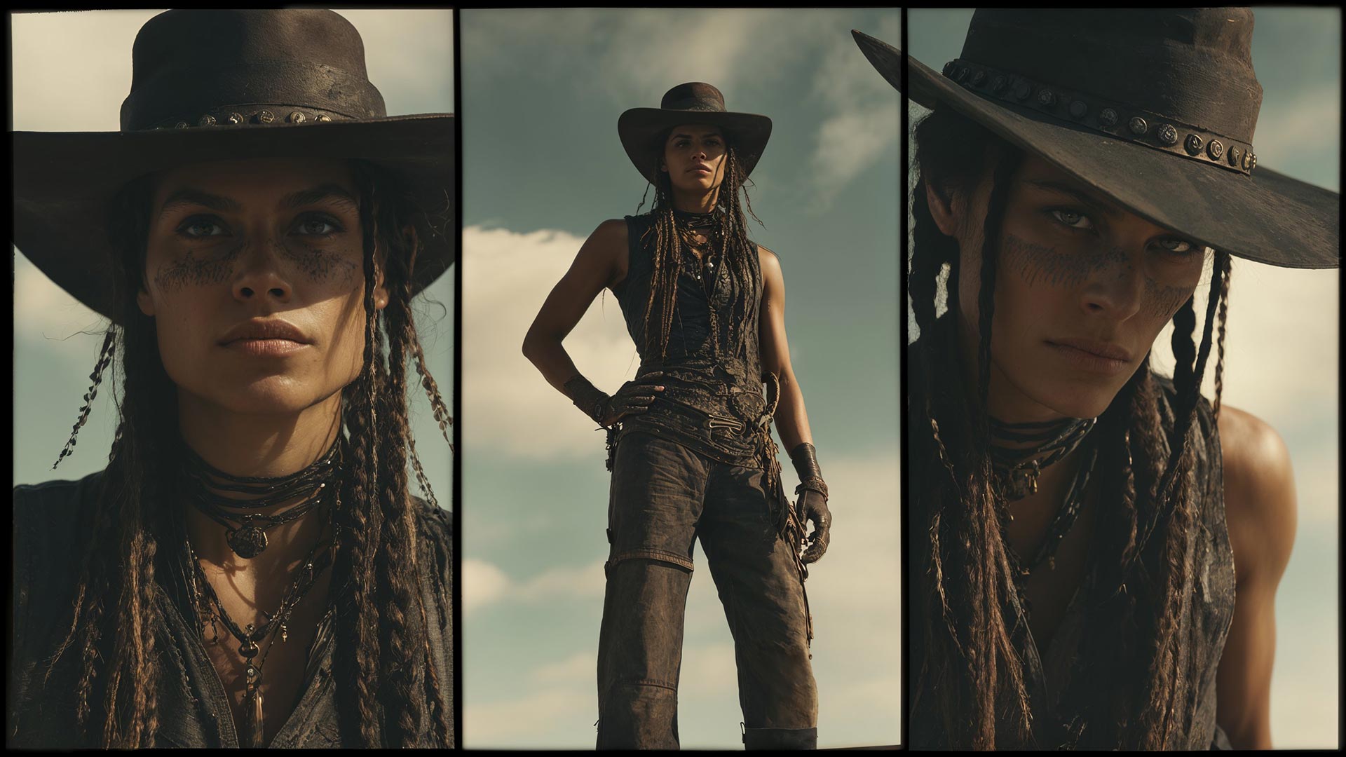 A woman dressed as a cowboy with a wide-brimmed hat, braids, and weathered clothing stands confidently outdoors, featured in three portrait-style panels against a cloudy sky—a striking example of AI Art by Visiblemaker. AI Image made by Christian Fleischer / The Visiblemaker