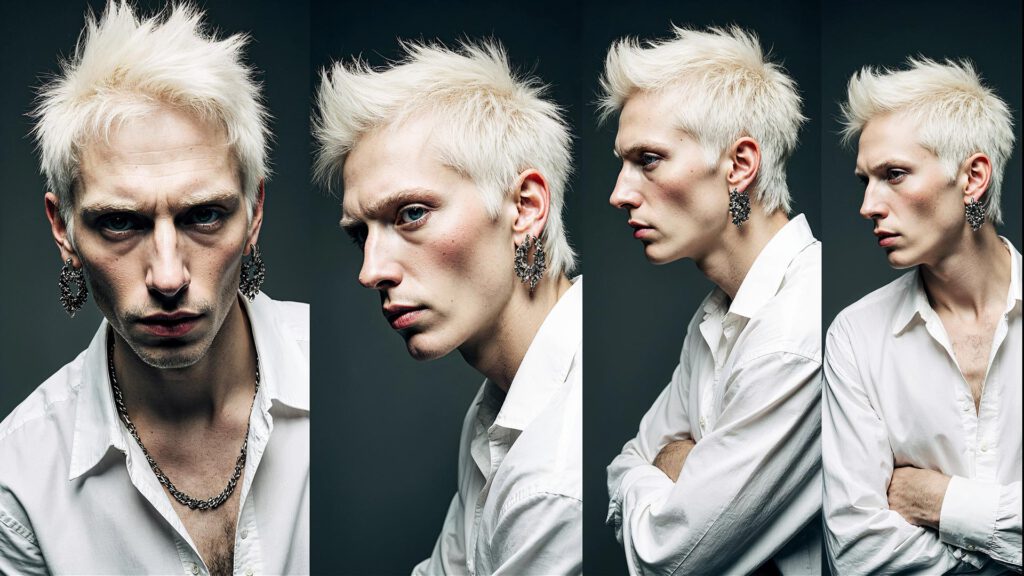A young person with short, spiky platinum blonde hair and an intense expression poses in a white shirt and statement earrings, shown in four dramatic angles against a dark background—perfect for an AI Cinema or Visiblemaker project. AI Image made by Christian Fleischer / The Visiblemaker