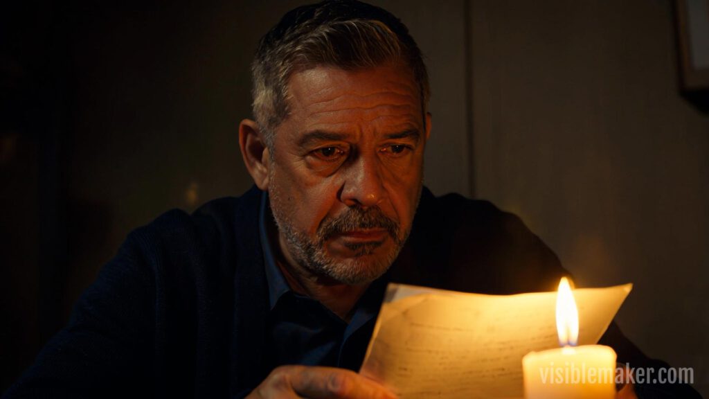 A middle-aged man with graying hair sits in dim light, looking intently at a piece of paper while a lit candle flickers in the foreground—captured in stunning detail using High Quality AI Video with Kling T2V technology. AI Image made by Christian Fleischer / The Visiblemaker