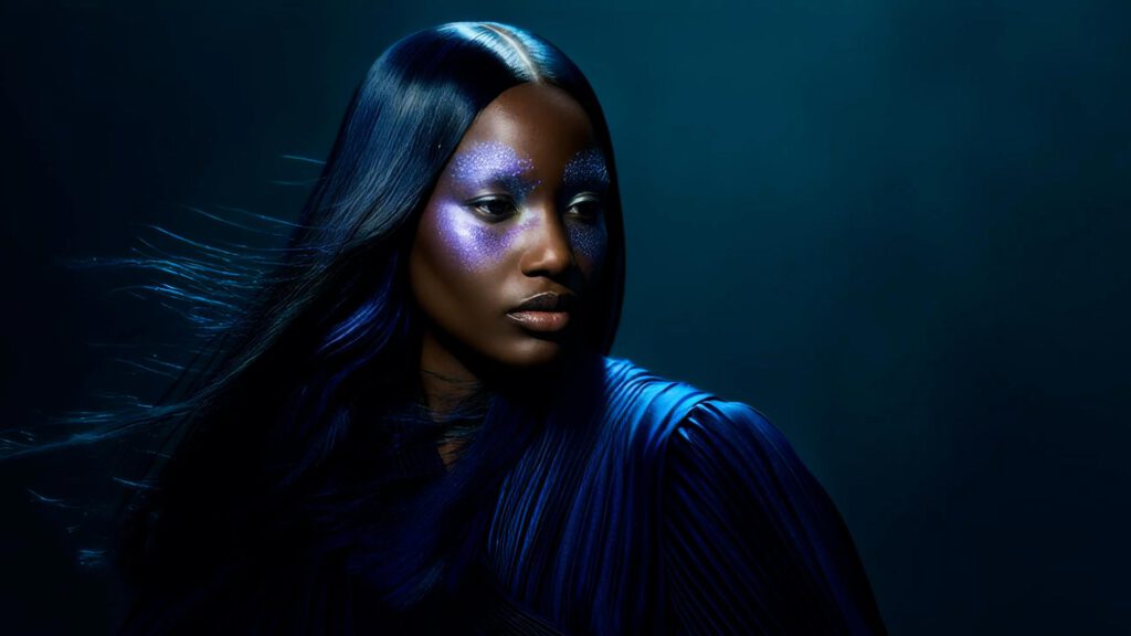 A woman with long, flowing, dark blue hair and shimmering purple makeup poses against a deep blue background in a pleated, textured garment—capturing the ethereal style of Higgsfield Soul. AI Image made by Christian Fleischer / The Visiblemaker