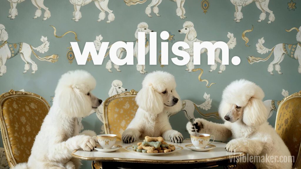 Three white talking poodles sit at a table with teacups and cookies, appearing to have tea. The background wallpaper features poodle illustrations. The word wallism. is displayed in large text above this Full AI Commercial scene. AI Image made by Christian Fleischer / The Visiblemaker