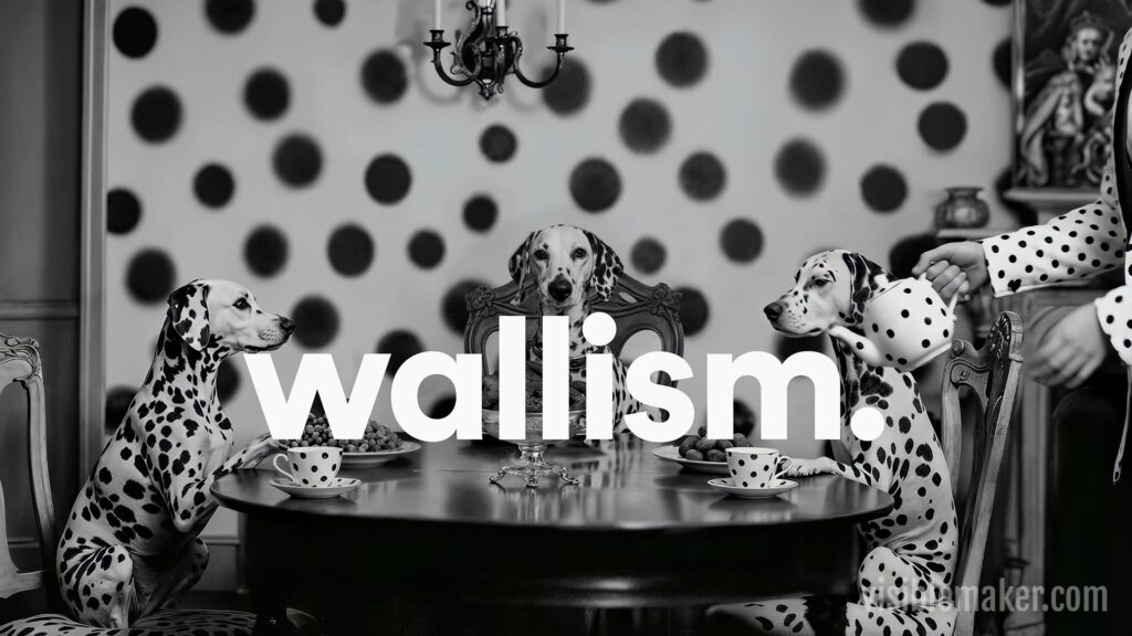 Three Dalmatians sit at a table set for tea, surrounded by polka dot decor, as a person in polka dot clothing pours tea—a whimsical scene straight from a Visiblemaker AI commercial. The word “wallism.” appears boldly across the center. AI Image made by Christian Fleischer / The Visiblemaker