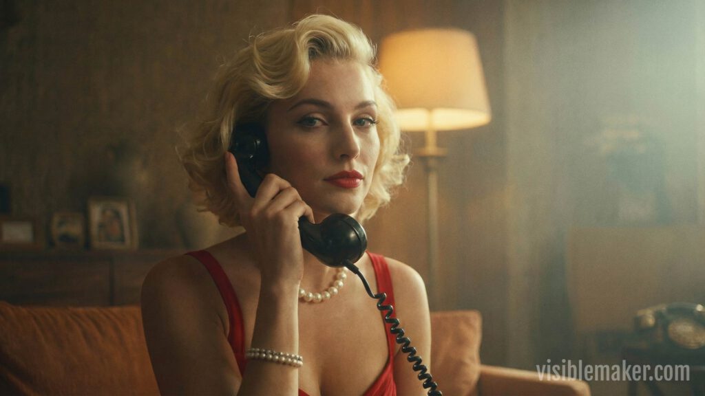 A woman with short blonde hair, red lipstick, and a red dress holds a black rotary phone to her ear while sitting on a couch. A pearl necklace and glowing lamp complete the 1950s mood, creating a cinematic look prompting nostalgia. AI Image made by Christian Fleischer / The Visiblemaker