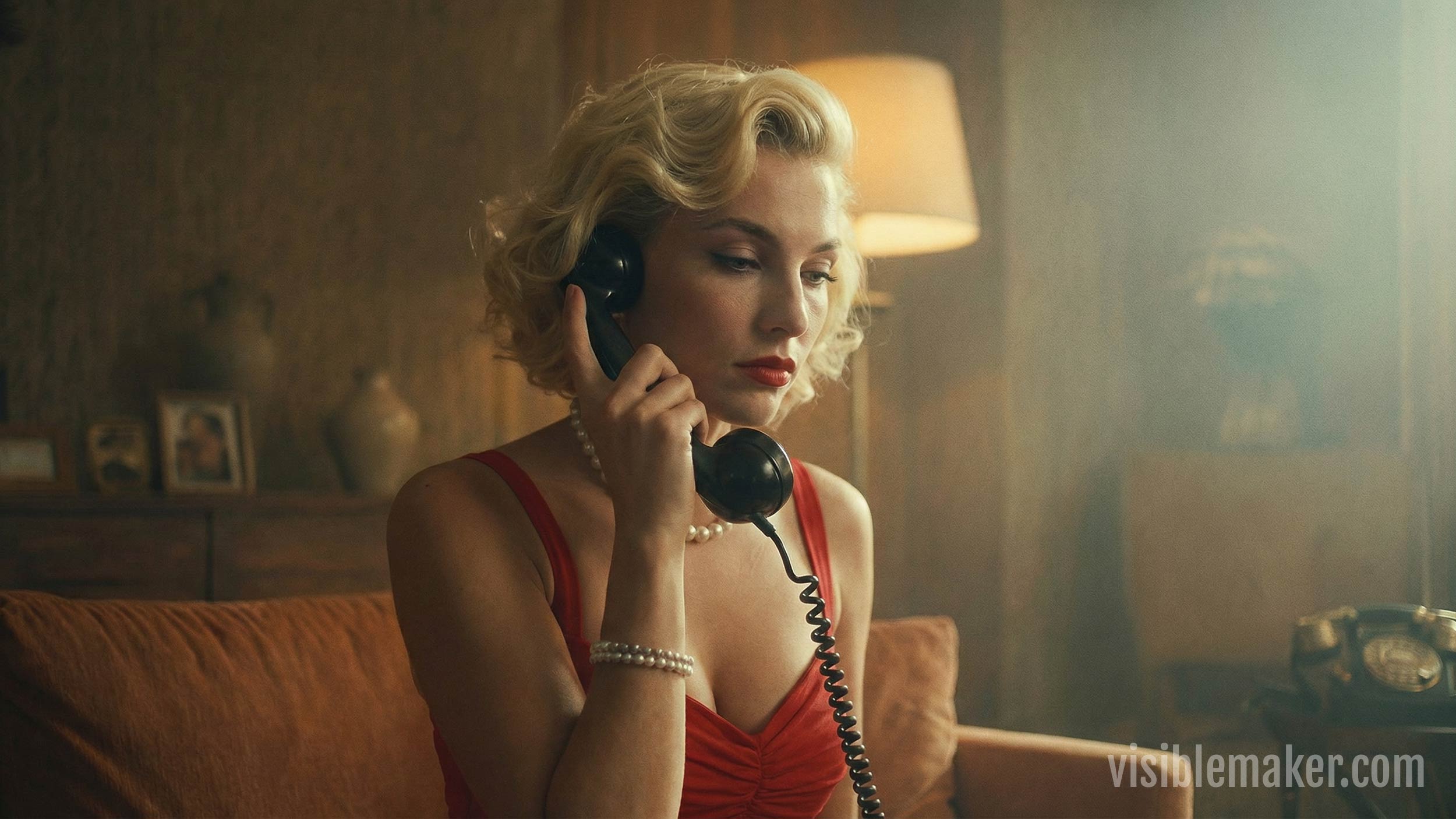 A woman with short blonde hair in a red dress and pearl necklace sits on a couch, holding a black rotary phone to her ear, looking thoughtful. The warmly lit vintage decor and 1950s mood create a cinematic look prompting nostalgia. AI Image made by Christian Fleischer / The Visiblemaker