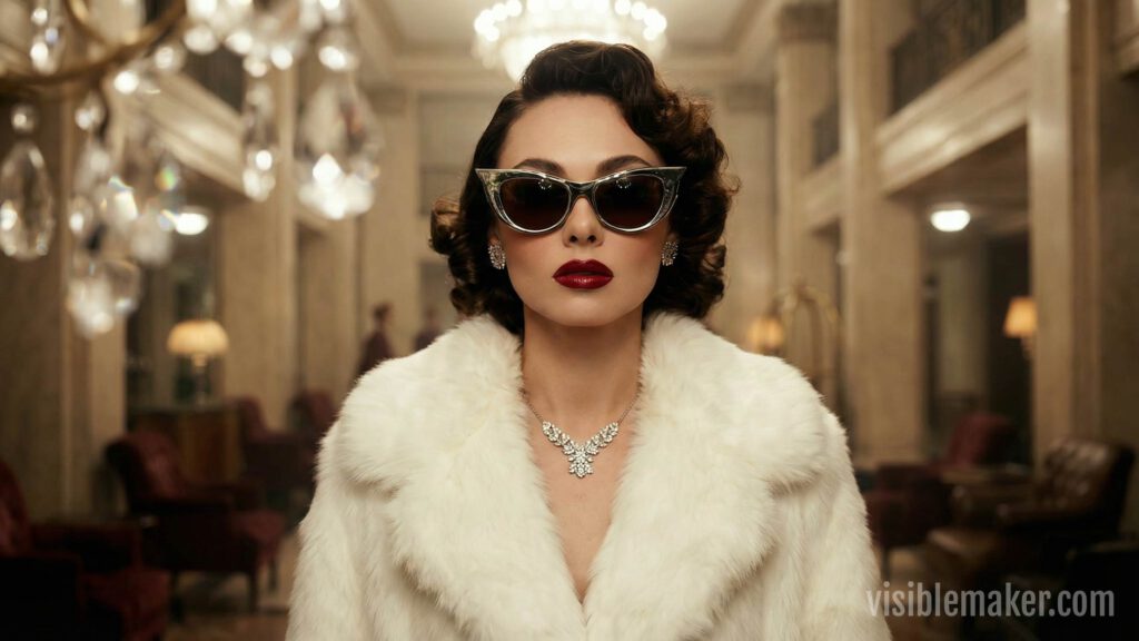 A glamorous woman in a white fur coat, diamond necklace, and cat-eye sunglasses stands in an elegant, 1950s-style lobby with chandeliers and plush seating—a Consistent AI Character of timeless sophistication. AI Image made by Christian Fleischer / The Visiblemaker