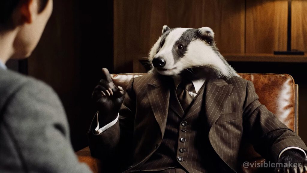 A badger in a brown pinstripe suit sits on a leather chair, gesturing as if discussing ai reasoning with someone across from it in a wood-paneled room—a scene straight from an AI Film Experiment with talking animals. AI Image made by Christian Fleischer / The Visiblemaker