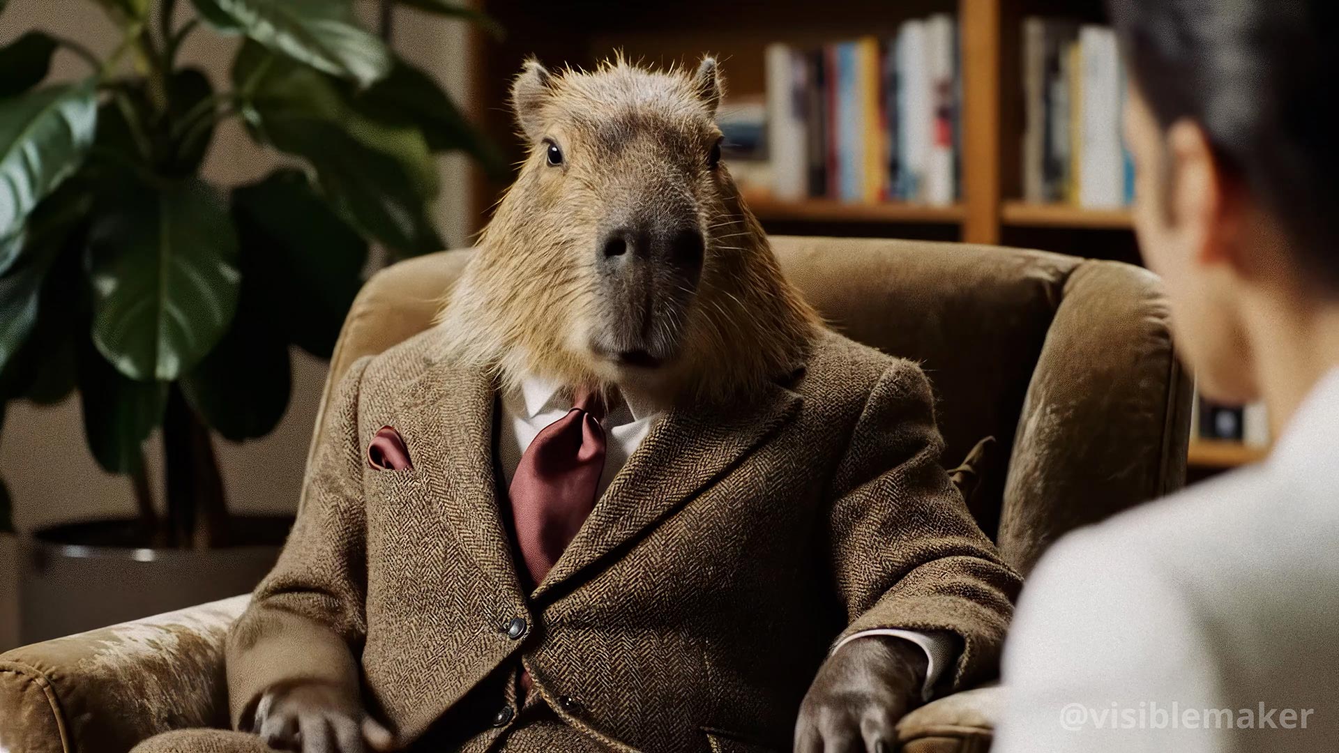 A capybara dressed in a brown suit, white shirt, and red tie sits in an armchair, appearing to have a conversation with a person whose back is turned—a whimsical AI Film Experiment featuring talking animals amid bookshelves and a plant. AI Image made by Christian Fleischer / The Visiblemaker