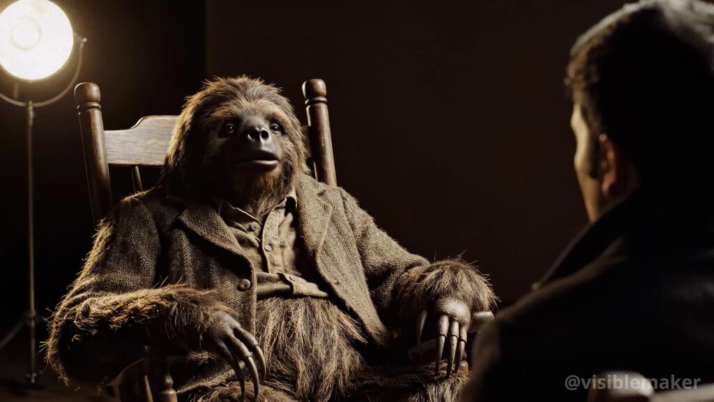 A person in a realistic sloth costume wearing a suit jacket and shirt sits in a rocking chair, facing another person, with a spotlight behind them in a dimly lit room—a surreal scene from an AI Film Experiment exploring talking animals. AI Image made by Christian Fleischer / The Visiblemaker