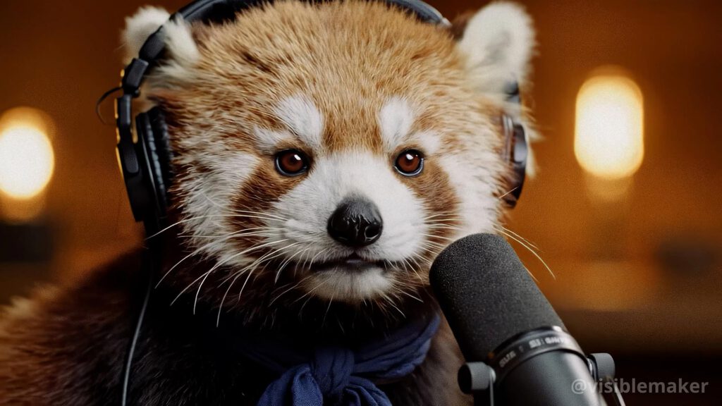 A red panda wearing headphones and a blue scarf sits in front of a microphone, appearing to record or speak, resembling talking animals in an AI Film Experiment, with a warm, blurred background and soft lighting. AI Image made by Christian Fleischer / The Visiblemaker
