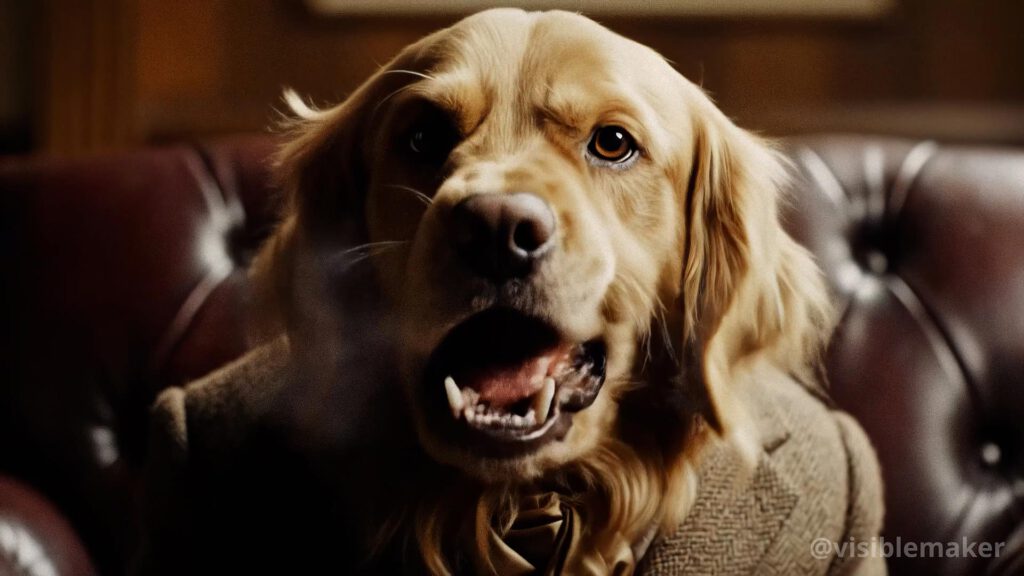 A golden retriever wearing a brown suit sits on a leather armchair, its mouth open as if speaking, creating the illusion of talking animals in an AI Film Experiment, set against a warm, indoor background. AI Image made by Christian Fleischer / The Visiblemaker