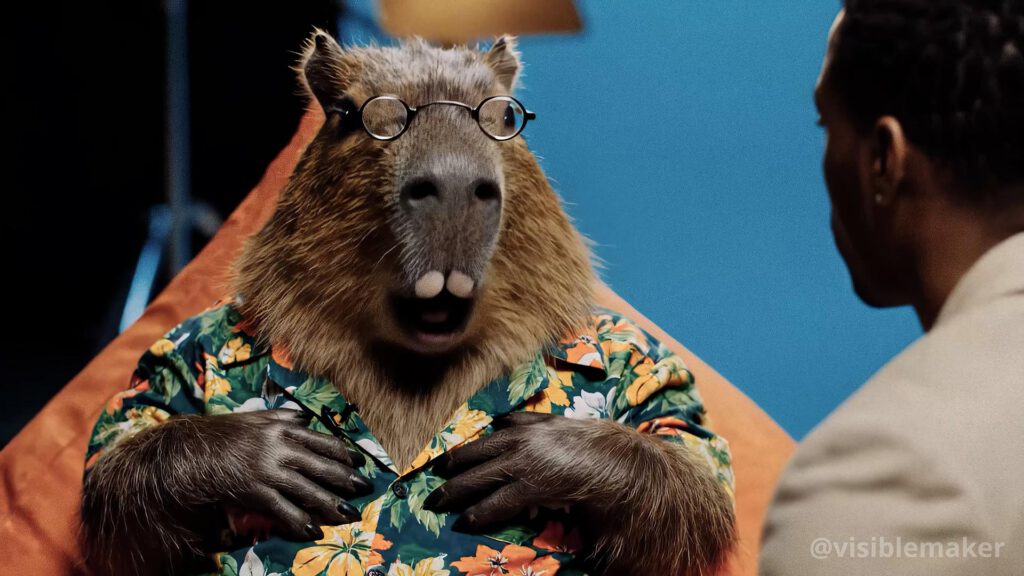 A capybara wearing round glasses and a colorful floral shirt sits upright on an orange couch, appearing to talk to a person in a tan suit—a charming scene straight from an AI Film Experiment featuring talking animals. AI Image made by Christian Fleischer / The Visiblemaker