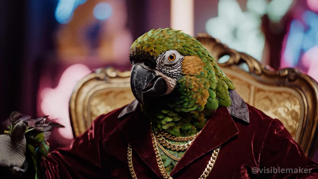 A parrot with green and yellow feathers sits on an ornate chair, wearing a burgundy velvet jacket and several gold chains—like a true star in an AI Film Experiment featuring talking animals. The background is colorful and blurred. AI Image made by Christian Fleischer / The Visiblemaker