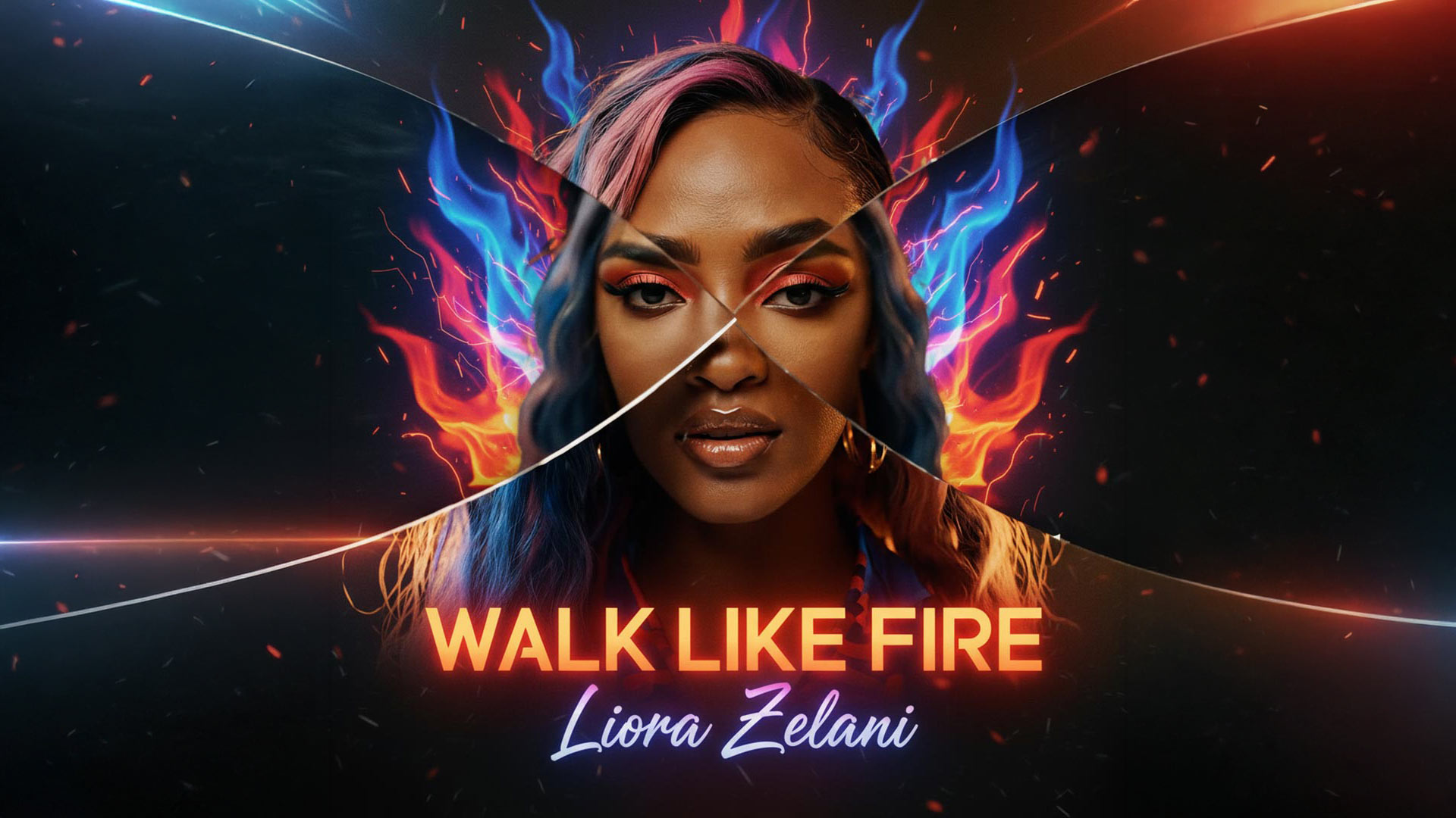 A woman with colorful hair and fiery effects behind her is centered on a dark background. The text reads Walk Like Fire and Liora Zelani. This Full AI Music Video uses bright flames to frame the AI Performer, adding dramatic flair. AI Image made by Christian Fleischer / The Visiblemaker
