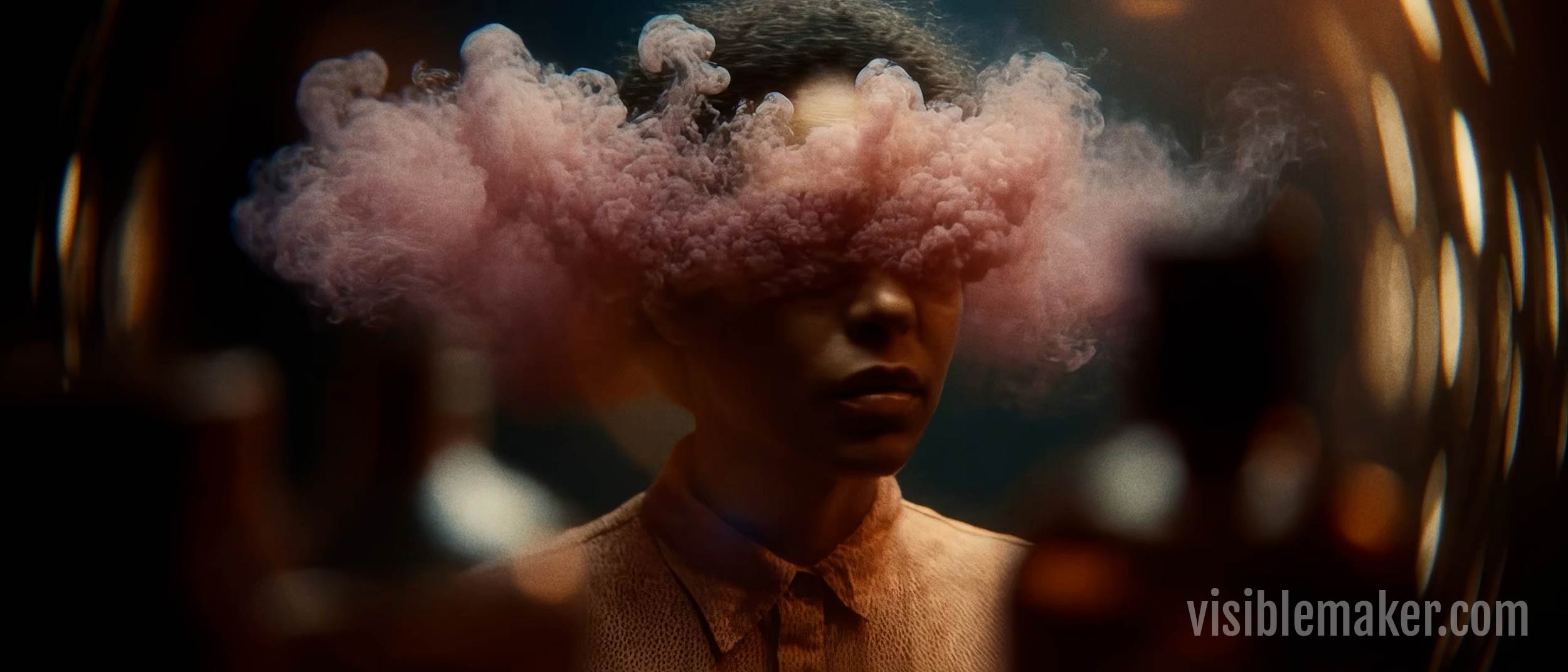 A person stands with pink smoke billowing from their eyes, obscuring the top half of their face. Warm, blurred lights and bottles appear in the background. The surreal, artistic atmosphere evokes a scene from a Musicvideo. AI Image made by Christian Fleischer / The Visiblemaker