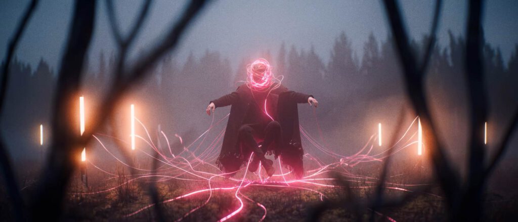 A person in dark clothing levitates in a misty forest, surrounded by glowing pink light trails and upright lights. Pink energy swirls around their head, creating a mystical, futuristic Musicvideo atmosphere. AI Image made by Christian Fleischer / The Visiblemaker