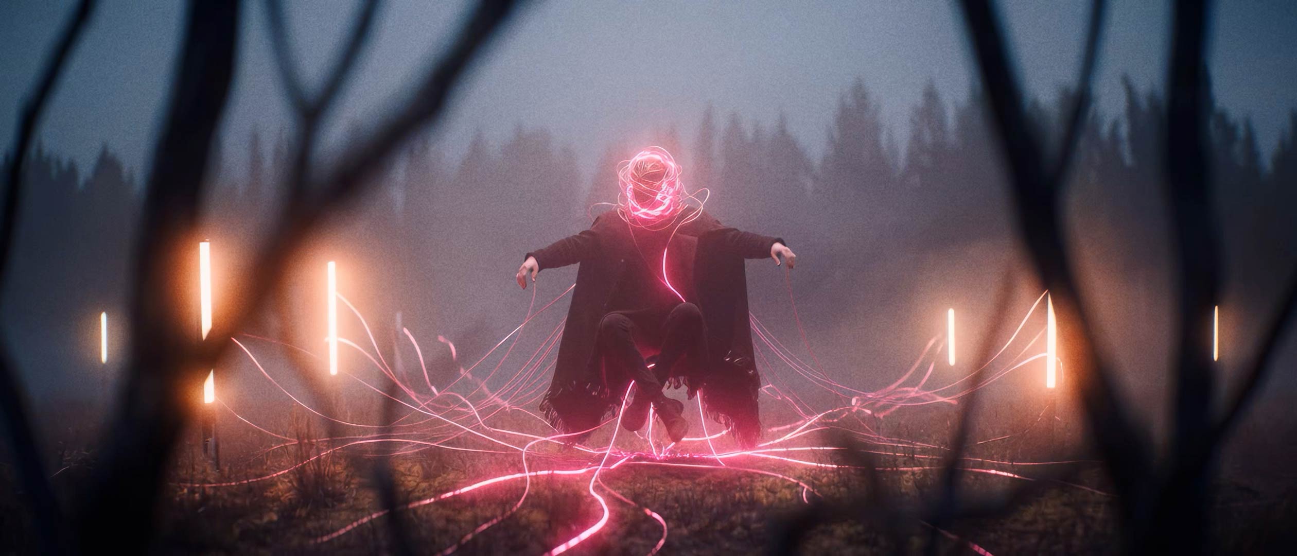 A person in dark clothing levitates in a misty forest, surrounded by glowing pink light trails and upright lights. Pink energy swirls around their head, creating a mystical, futuristic Musicvideo atmosphere. AI Image made by Christian Fleischer / The Visiblemaker